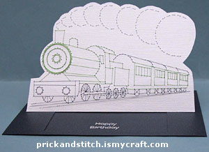 Pop up slider card with prick and stitch train